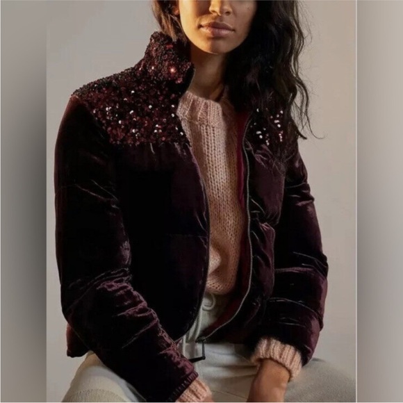 Anthropologie Maeve Vera Puffer Jacket Women's XS Burgundy Sequin Velvet Bomber - Picture 1 of 12